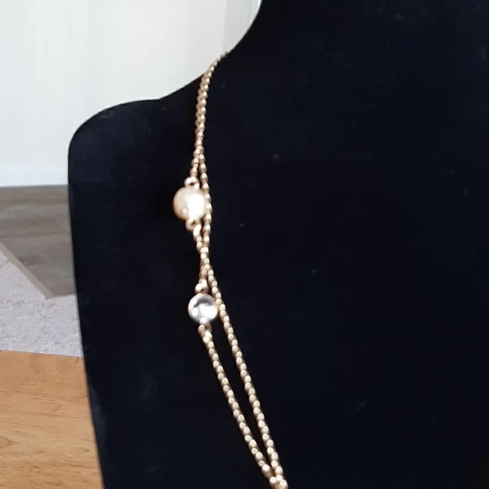 Vintage long gold necklace with faux pearls and crystals